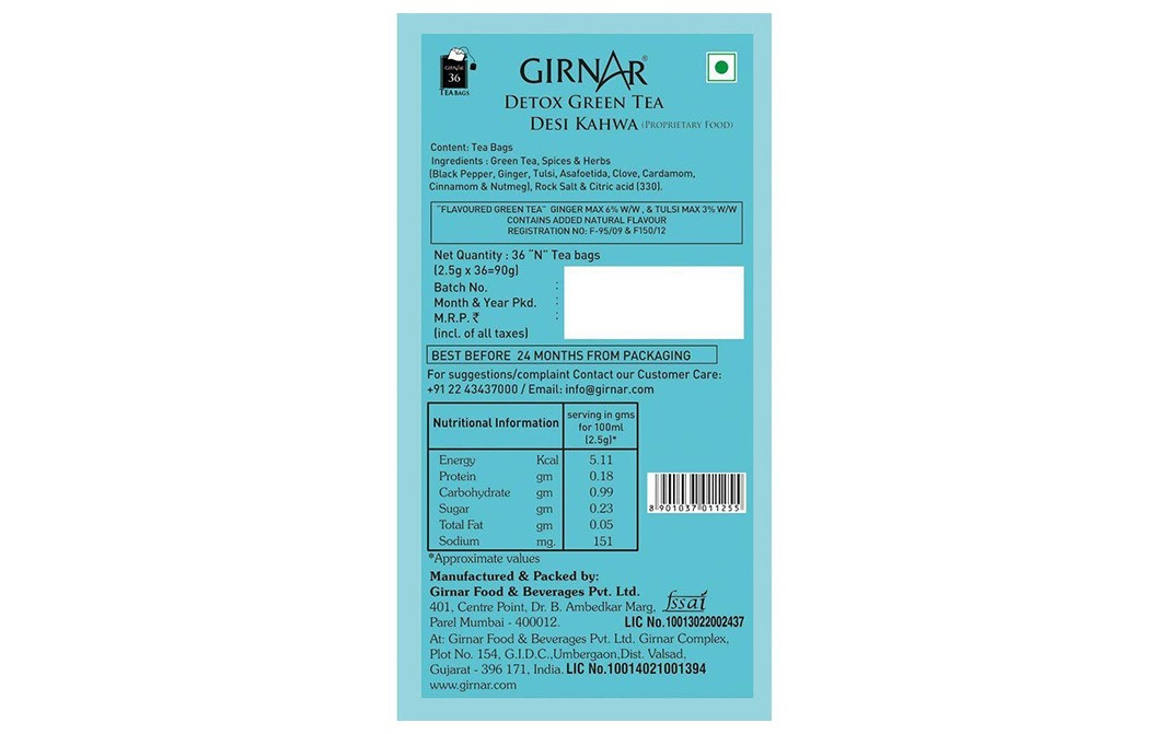 Girnar Detox Green Tea Desi Kahwa   Box  36 pcs